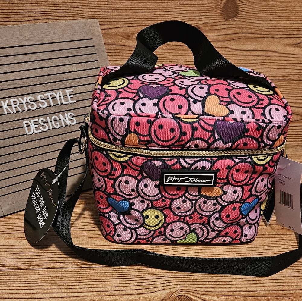Betsey Johnson Lunch Tote Bag Cooler Insulated Pink Multi Smiley Heart